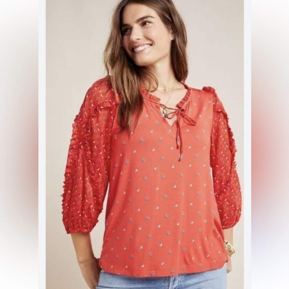Maeve Coral Blouse with Textured Sleeves